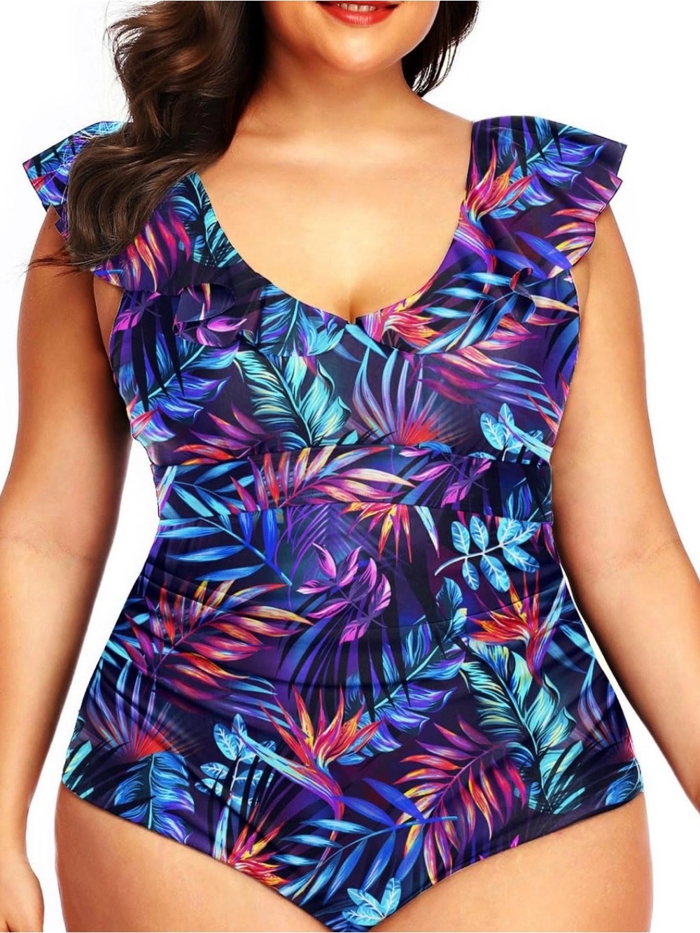 Plus Size Tropical Blue Ruffle One-Piece Swimsuit
